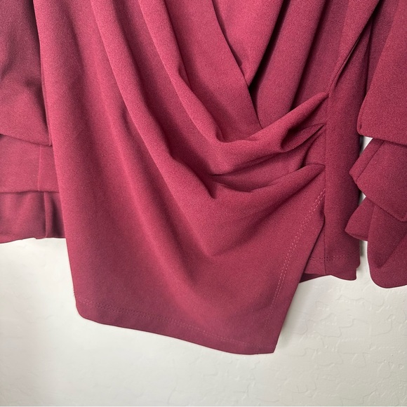 Burgundy 3/4 Ruched Balloon Sleeve, V Neck Blouse Shirt, size medium - Picture 4 of 11